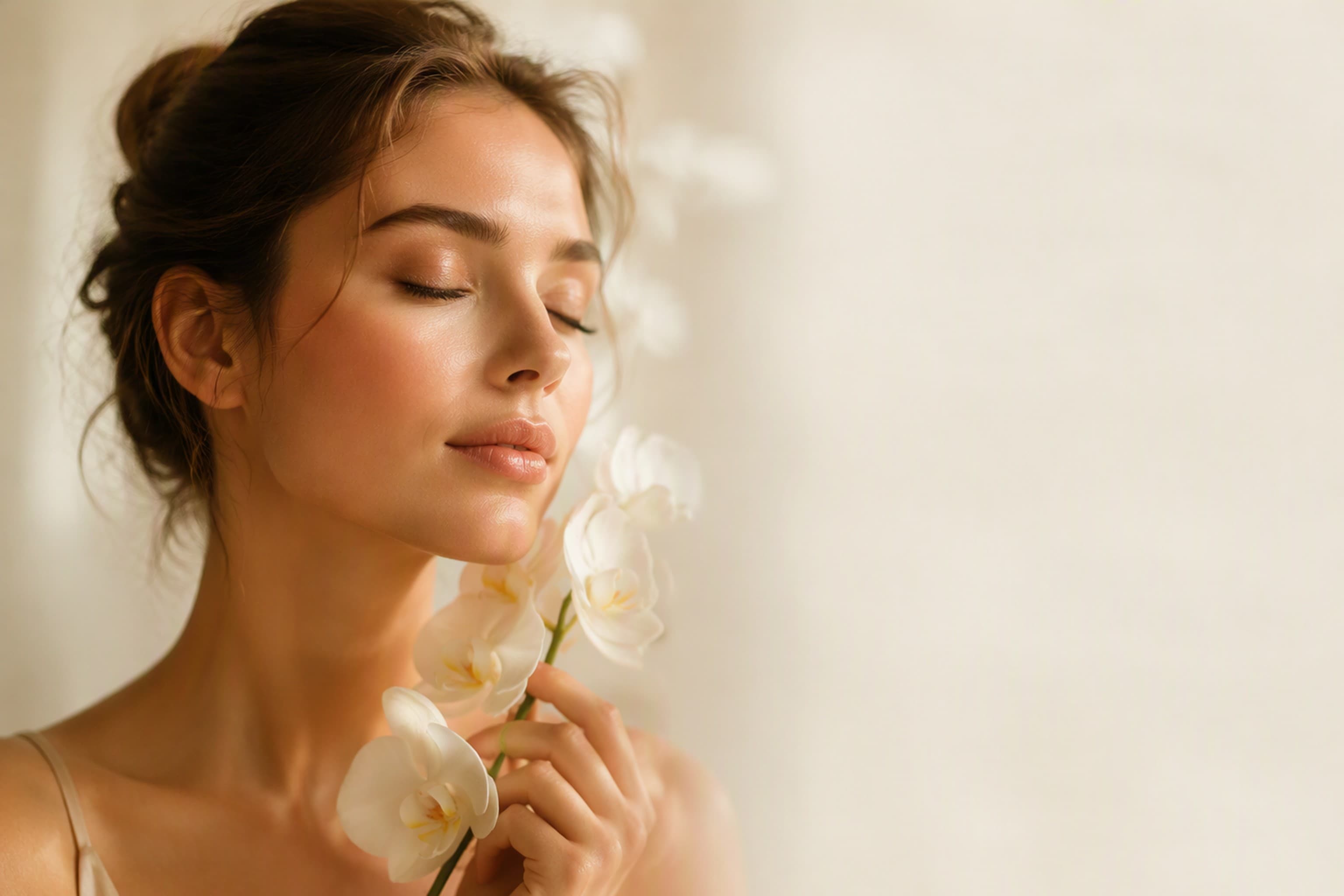 Hero background: a woman with a white orchid